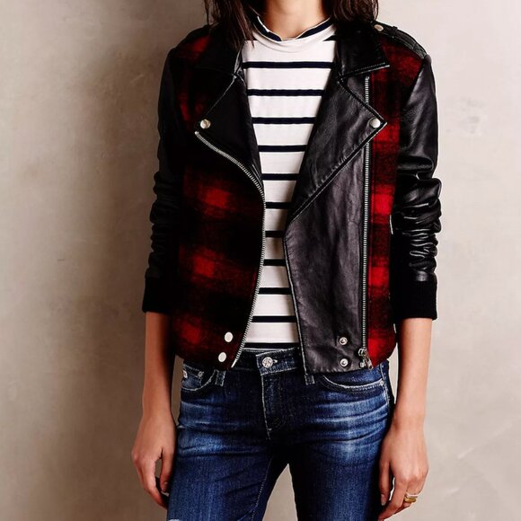 LIKE NEW RARE PAIGE Shelley Real Leather/Buffalo Check Moto Jacket, Medium - Picture 1 of 4